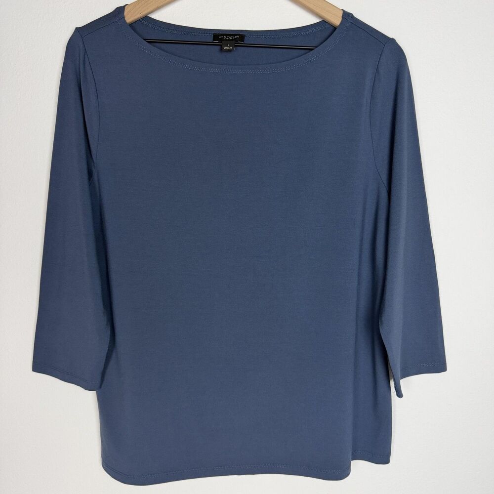 Ann Taylor Factory Shirt Womens Large Blue Boat Neck 3/4 Sleeve Stretch Top